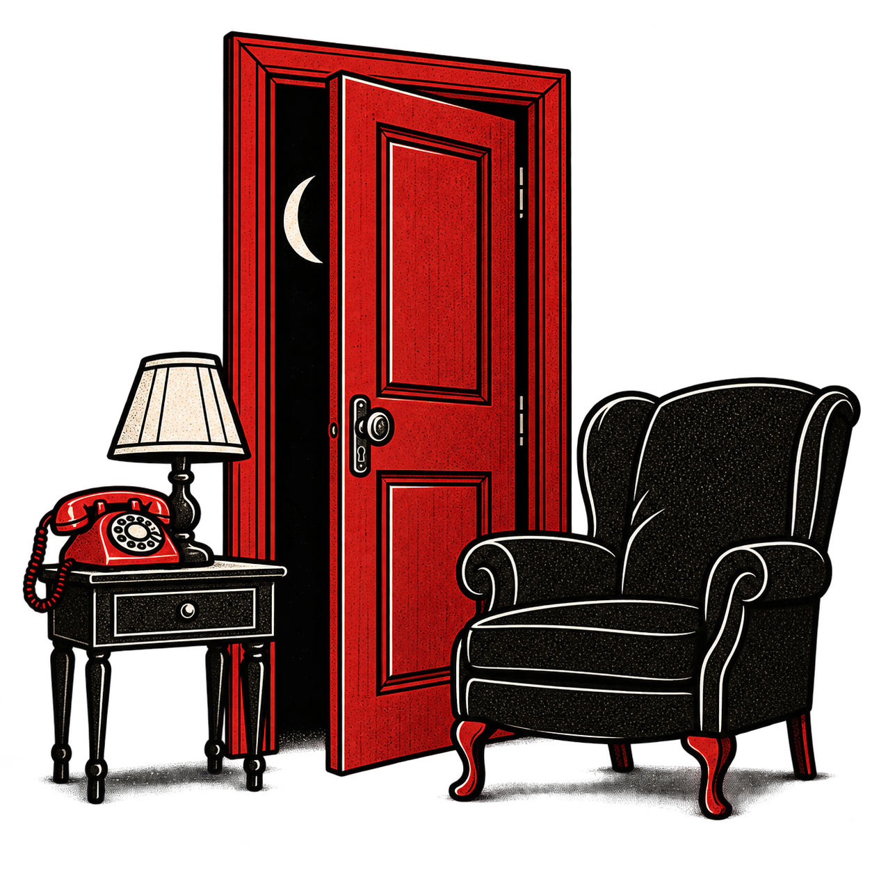 Stanze di notte: porta rossa socchiusa, poltrona e telefono